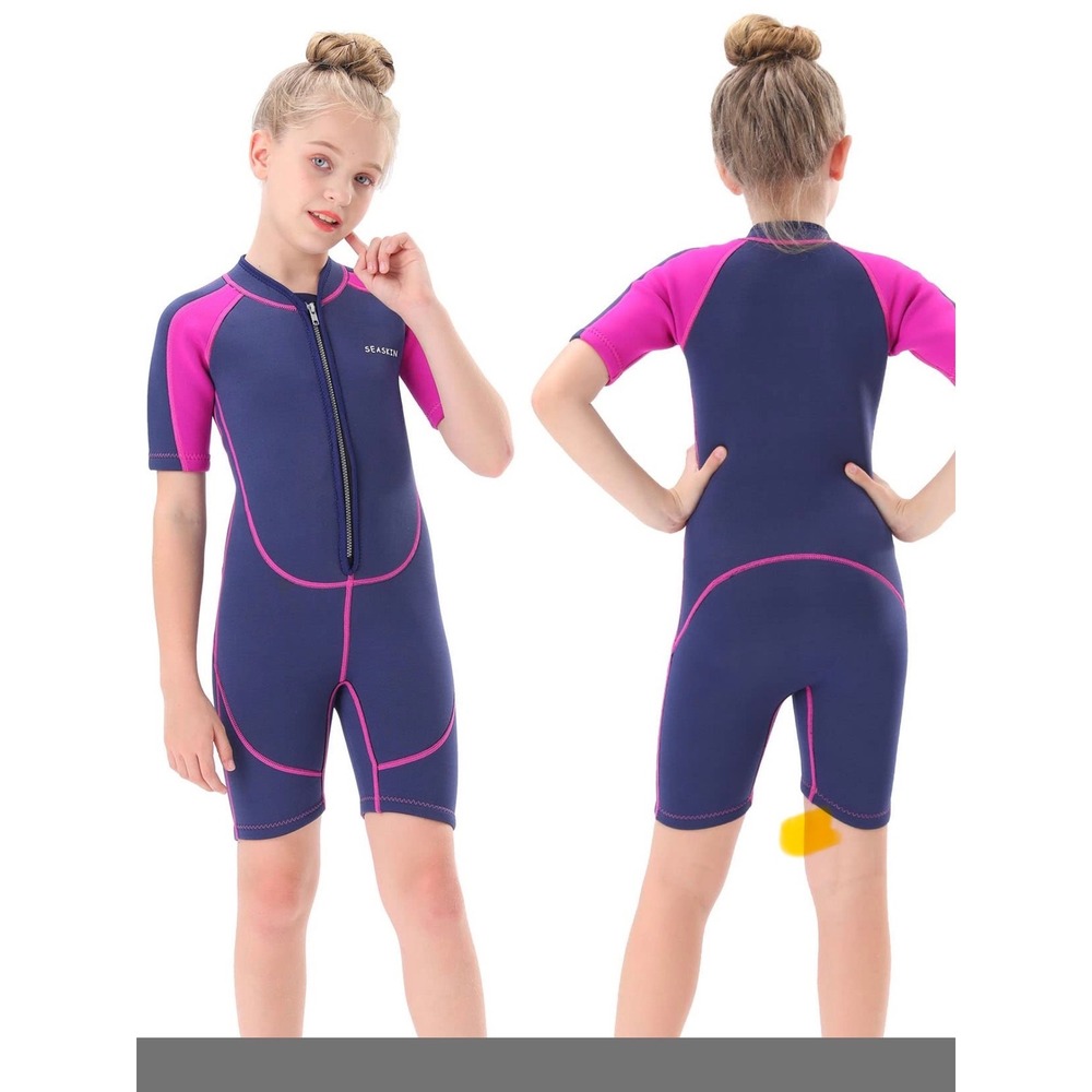 Seaskin Wetsuit Girls Size 6 Navy Pink Excellent 2mm Front Zip Shorty Wetsuit